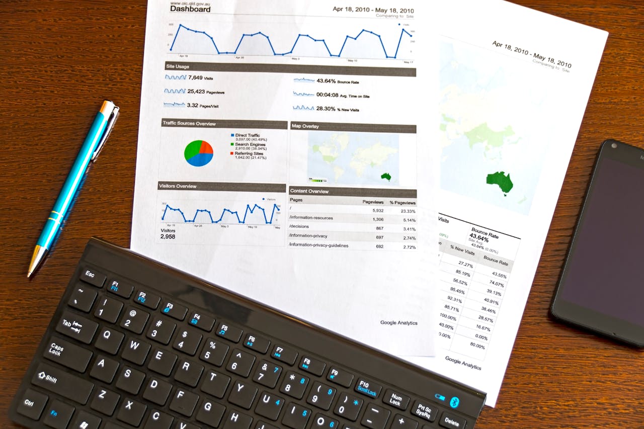home-services-004 Flatlay of a business analytics report, keyboard, pen, and smartphone on a wooden desk.